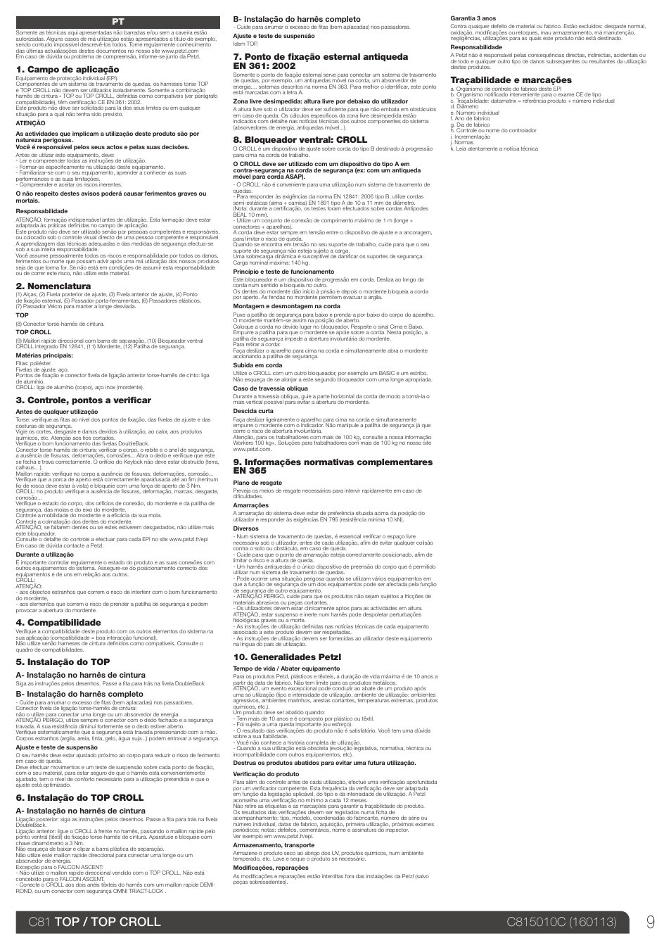 Campo de aplicação, Nomenclatura, Controle, pontos a verificar | Compatibilidade, Instalação do top, Instalação do top croll, Bloqueador ventral: croll, Informações normativas complementares en 365, Generalidades petzl, Traçabilidade e marcações | Petzl TOP CROLL User Manual | Page 9 / 23