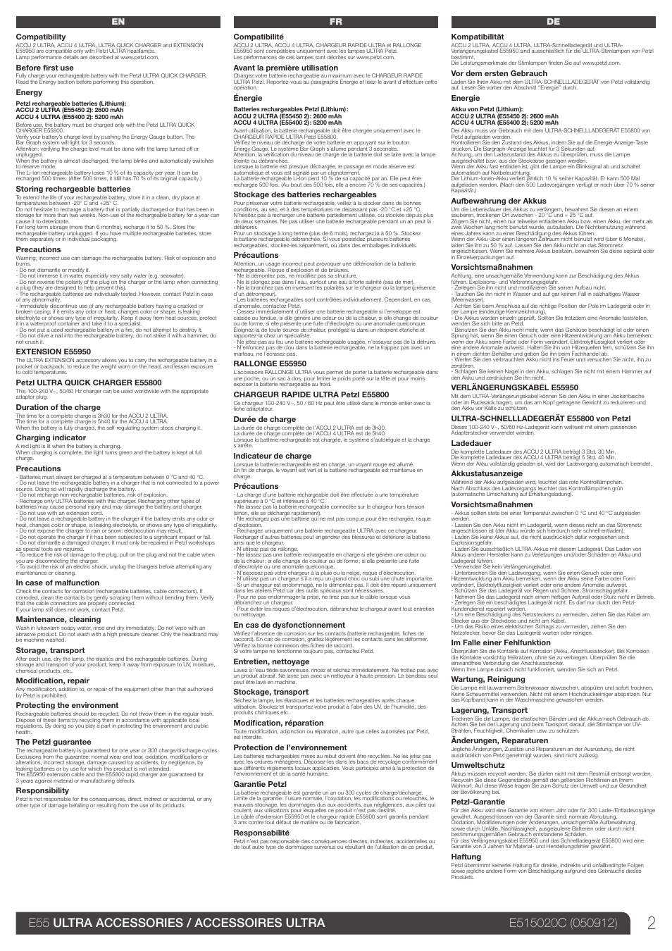 En, fr, de | Petzl ACCU 4 ULTRA User Manual | Page 2 / 9