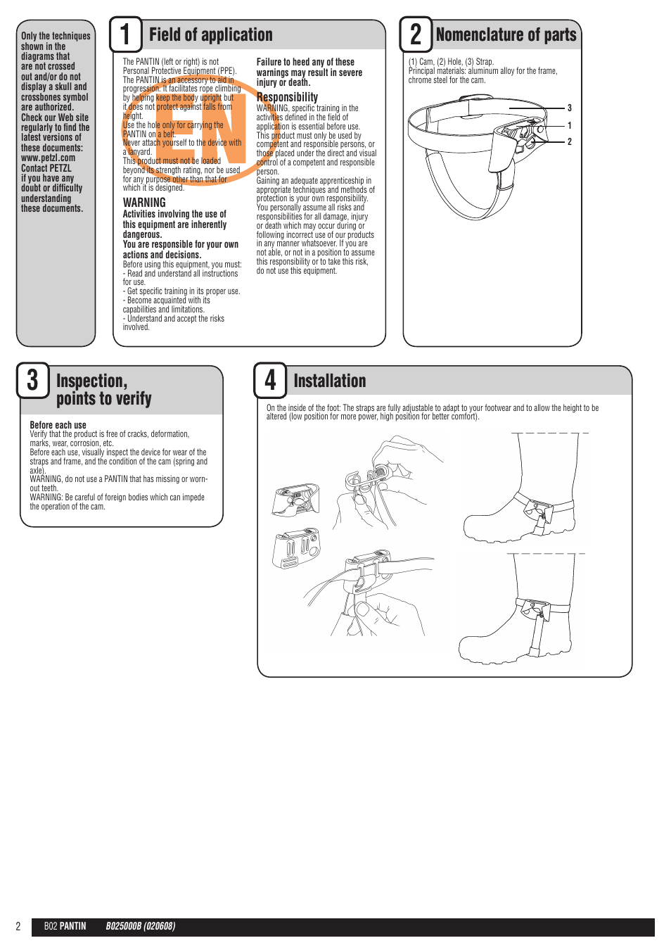 En + drawings, Installation | Petzl PANTIN User Manual | Page 2 / 23