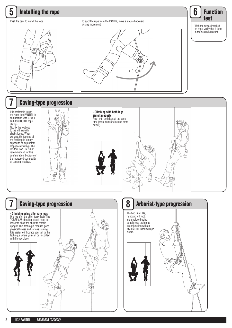 En + drawings, Installing the rope function test, Caving-type progression | Arborist-type progression | Petzl PANTIN User Manual | Page 3 / 23