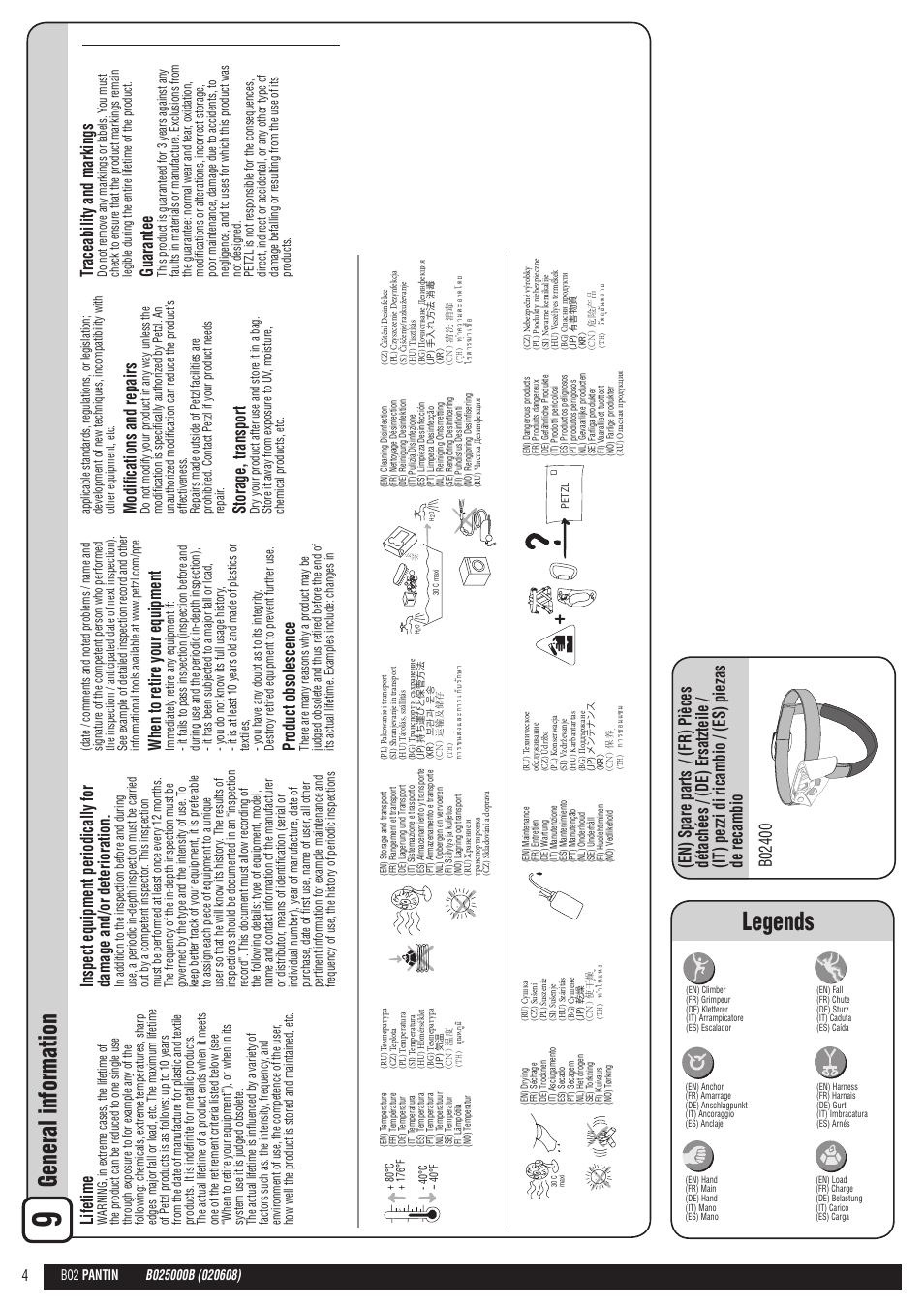 En + drawings, General information, Legends | Lifetime, When to retire your equipment, Product obsolescence, Modifications and repairs, Storage, transport, Traceability and markings, Guarantee | Petzl PANTIN User Manual | Page 4 / 23