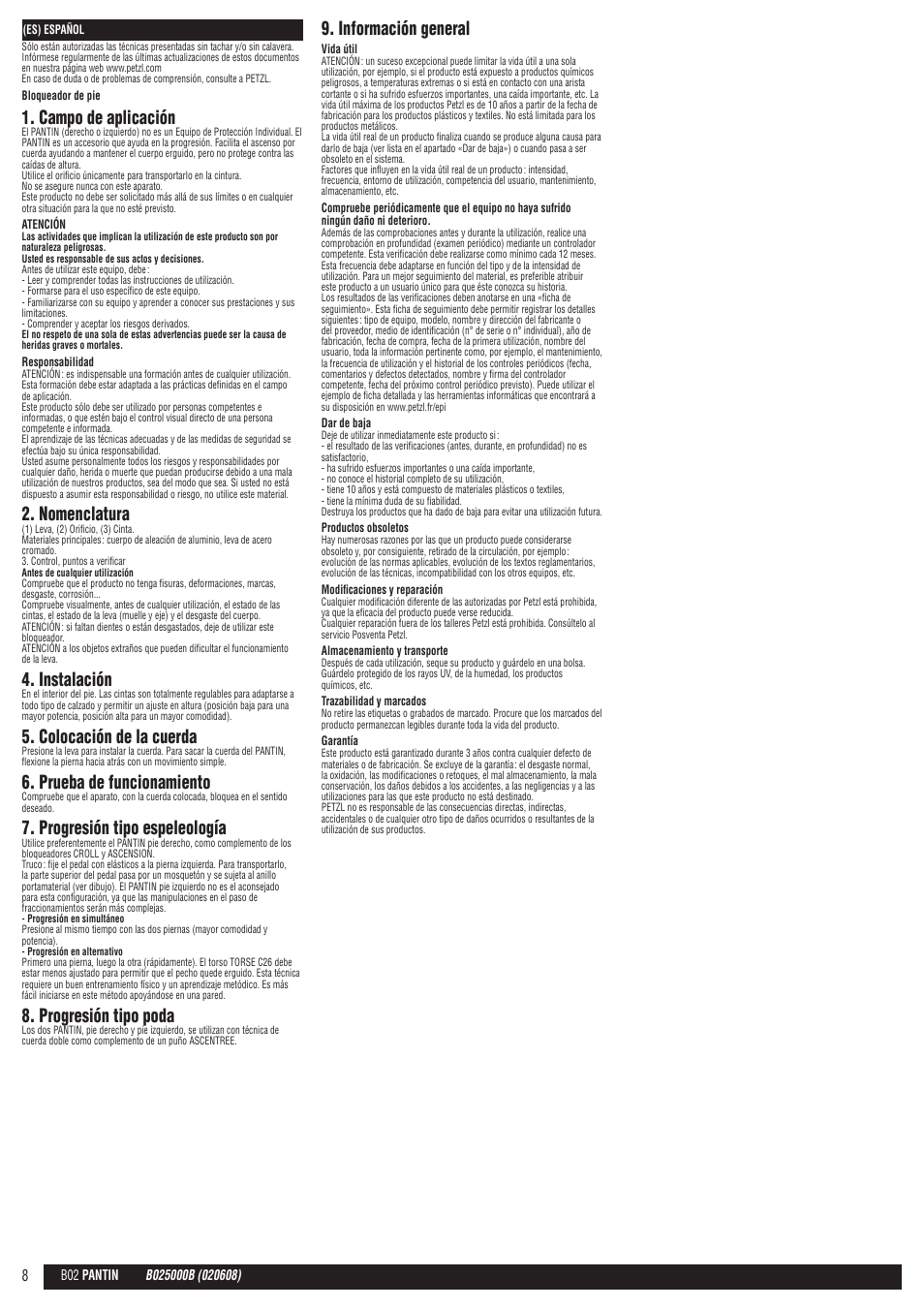 Campo de aplicación, Nomenclatura, Instalación | Colocación de la cuerda, Prueba de funcionamiento, Progresión tipo espeleología, Progresión tipo poda, Información general | Petzl PANTIN User Manual | Page 8 / 23