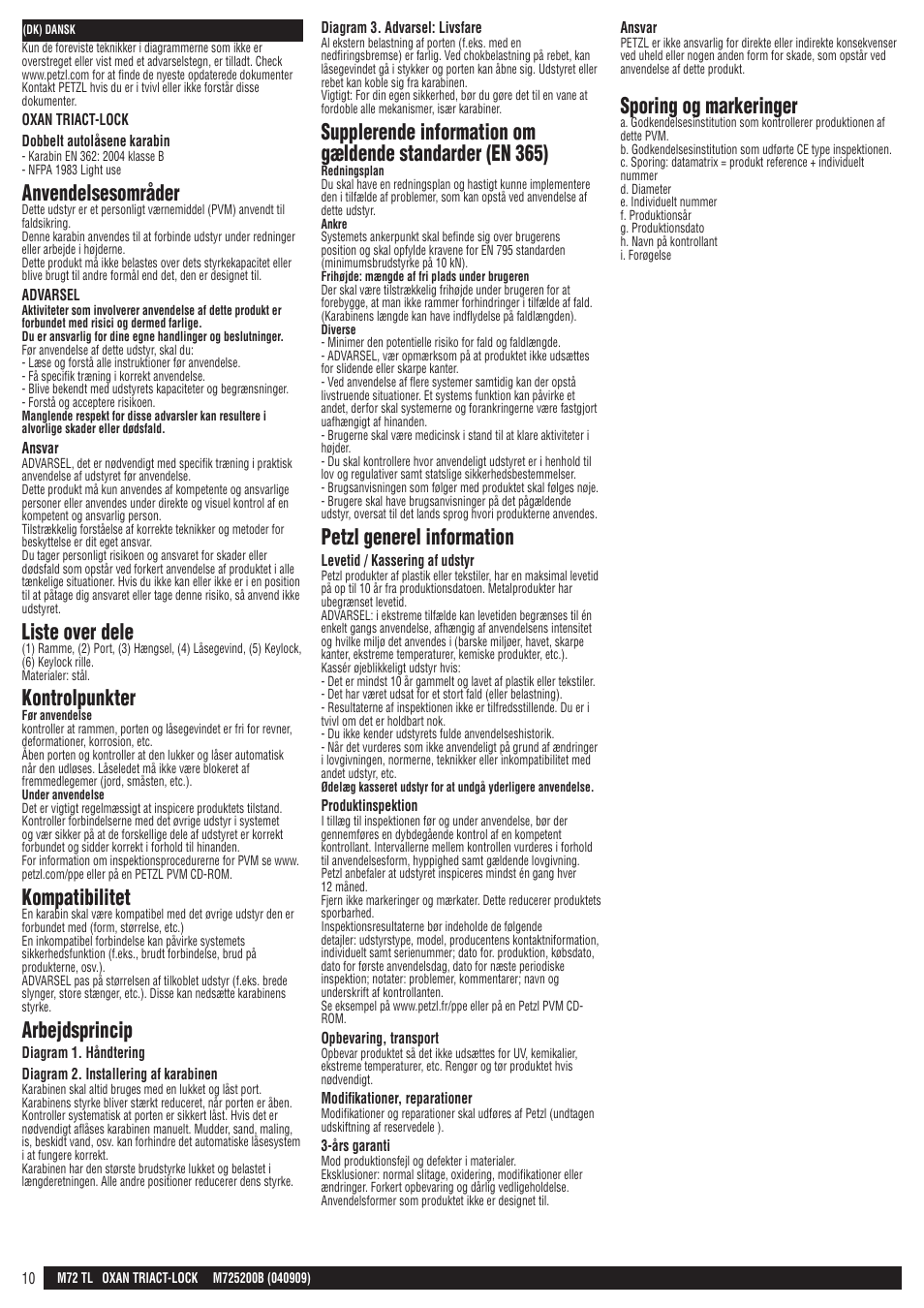 Anvendelsesområder, Liste over dele, Kontrolpunkter | Kompatibilitet, Arbejdsprincip, Petzl generel information, Sporing og markeringer | Petzl OXAN TRIACT-LOCK User Manual | Page 10 / 23