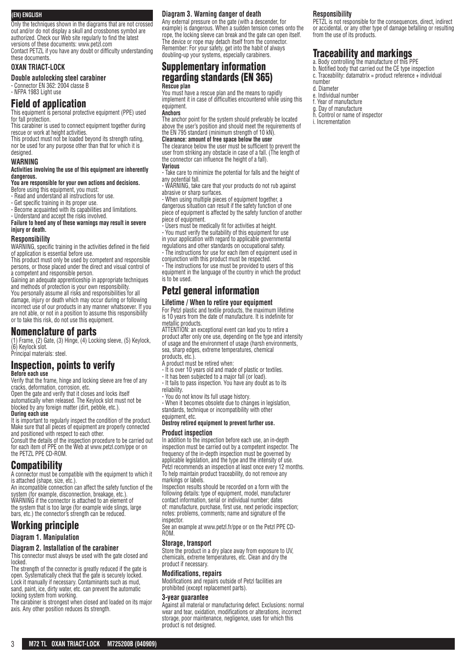 Field of application, Nomenclature of parts, Inspection, points to verify | Compatibility, Working principle, Petzl general information, Traceability and markings | Petzl OXAN TRIACT-LOCK User Manual | Page 3 / 23