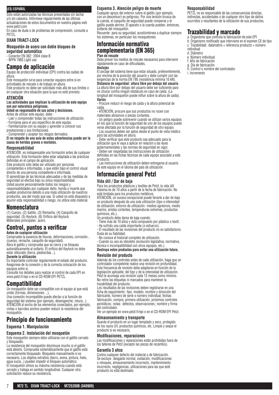 Campo de aplicación, Nomenclatura, Control, puntos a verificar | Compatibilidad, Principio de funcionamiento, Información normativa complementaria (en 365), Información general petzl, Trazabilidad y marcado | Petzl OXAN TRIACT-LOCK User Manual | Page 7 / 23