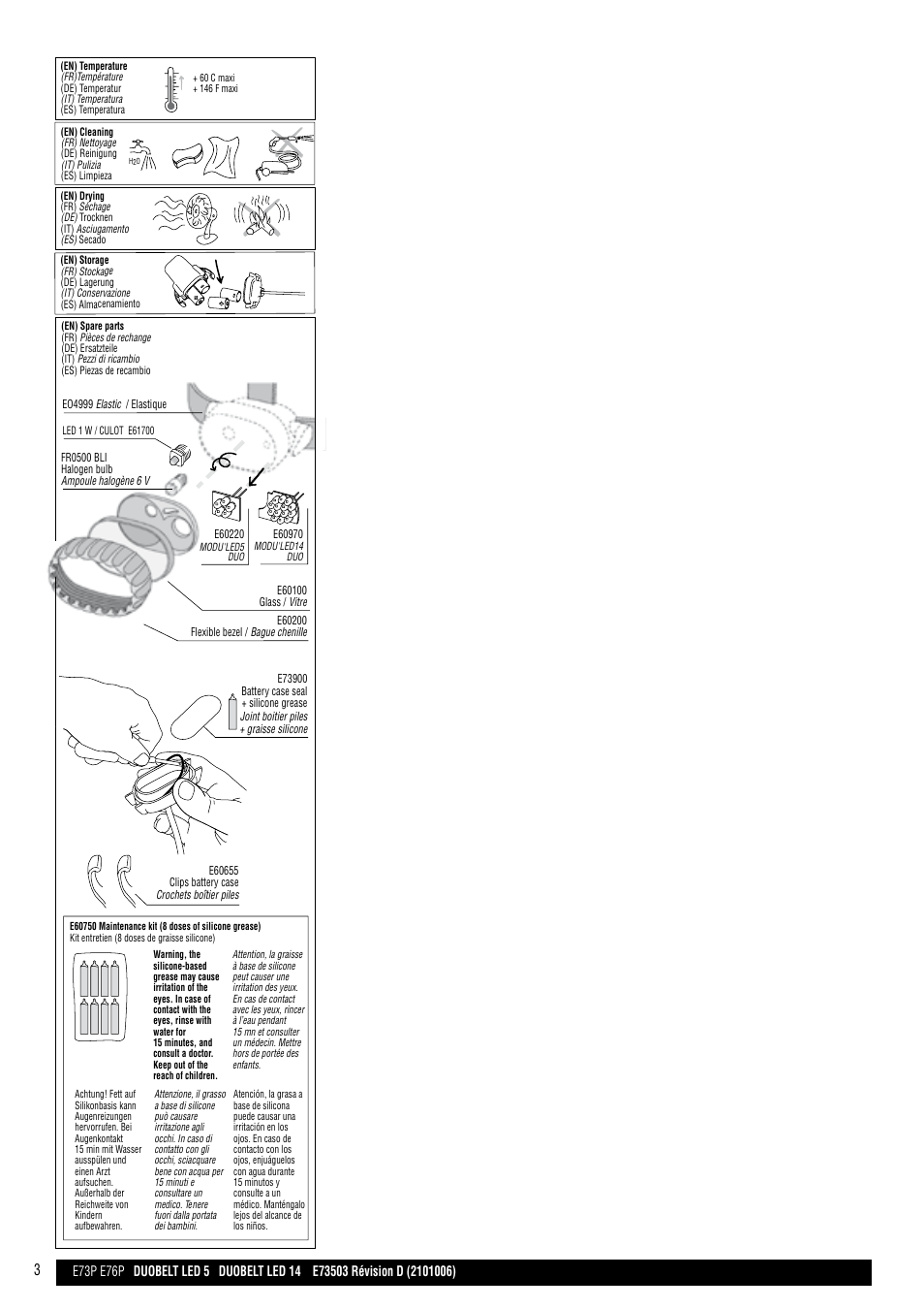 Duobelt led 5 duobelt led 14, Ip x8, Water proof | E76p e73p | Petzl DUOBELT LED 5 User Manual | Page 3 / 8