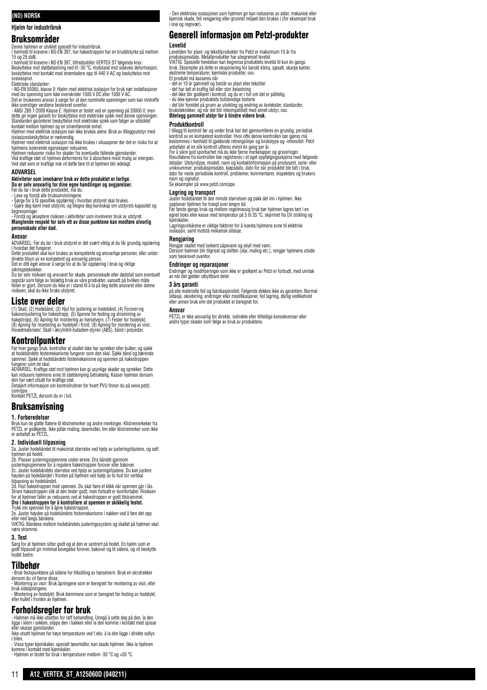 Bruksområder, Liste over deler, Kontrollpunkter | Bruksanvisning, Tilbehør, Forholdsregler for bruk, Generell informasjon om petzl-produkter | Petzl VERTEX ST User Manual | Page 11 / 14