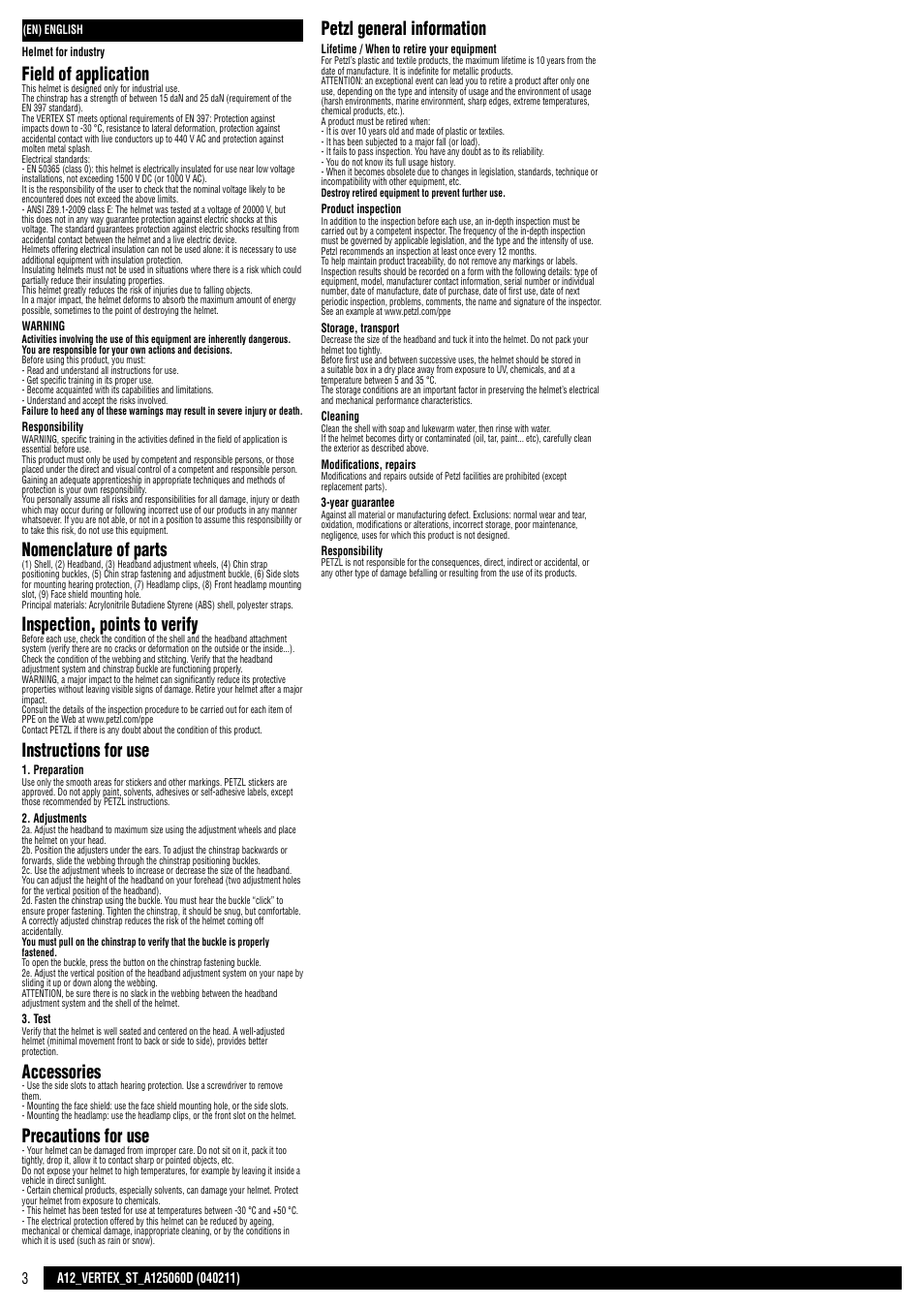 Field of application, Nomenclature of parts, Inspection, points to verify | Instructions for use, Accessories, Precautions for use, Petzl general information | Petzl VERTEX ST User Manual | Page 3 / 14