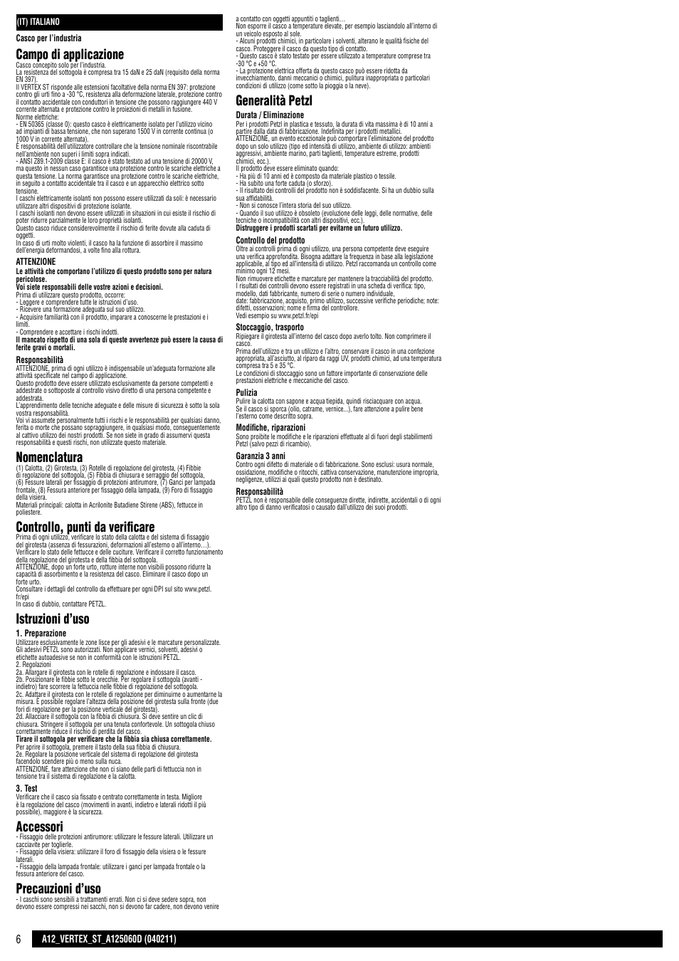 Campo di applicazione, Nomenclatura, Controllo, punti da verificare | Istruzioni d’uso, Accessori, Precauzioni d’uso, Generalità petzl | Petzl VERTEX ST User Manual | Page 6 / 14