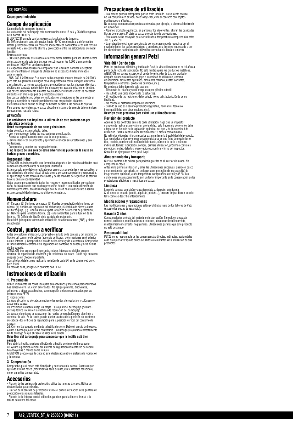 Campo de aplicación, Nomenclatura, Control, puntos a verificar | Instrucciones de utilización, Accesorios, Precauciones de utilización, Información general petzl | Petzl VERTEX ST User Manual | Page 7 / 14