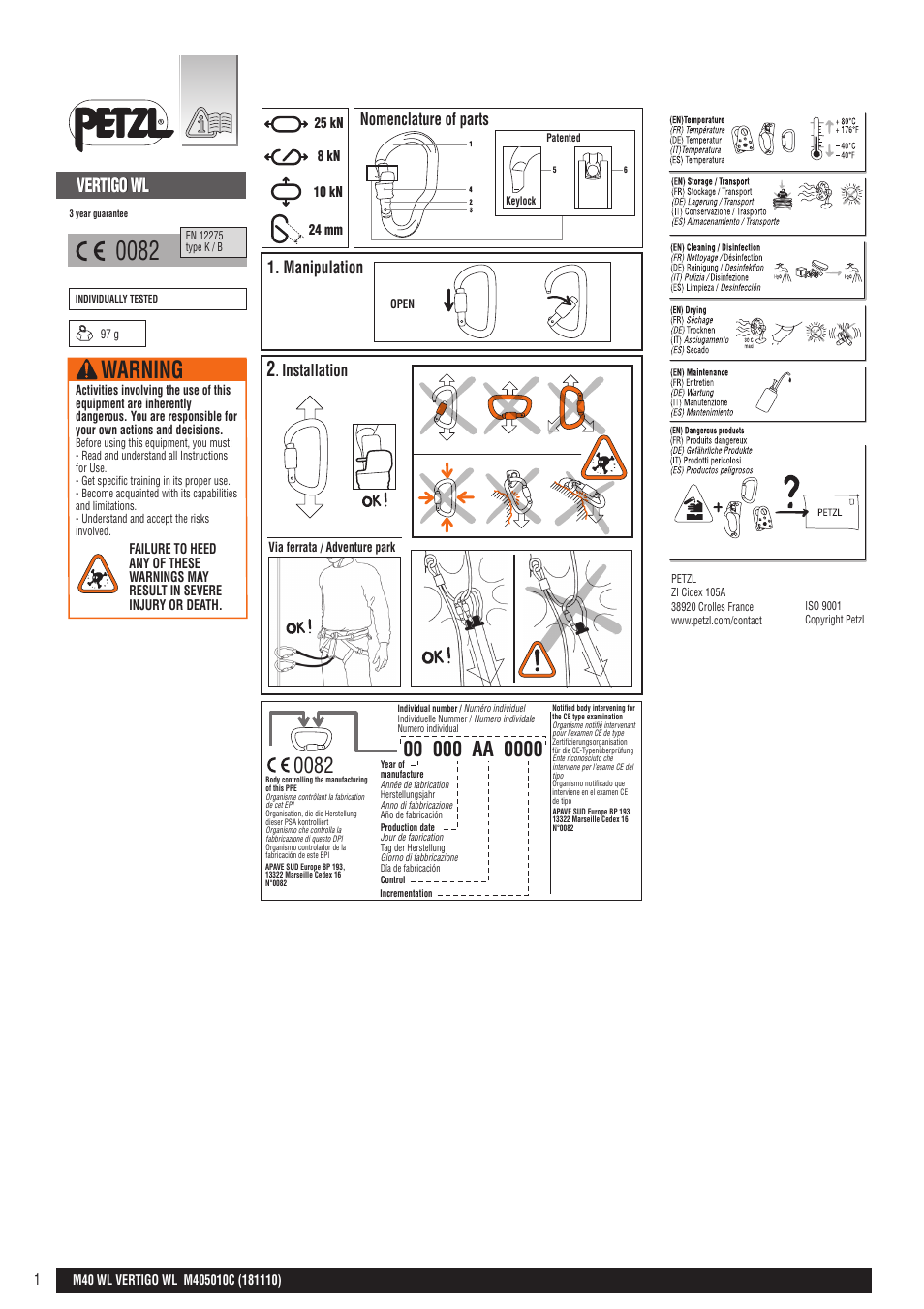 Petzl VERTIGO WIRE-LOCK User Manual | 20 pages