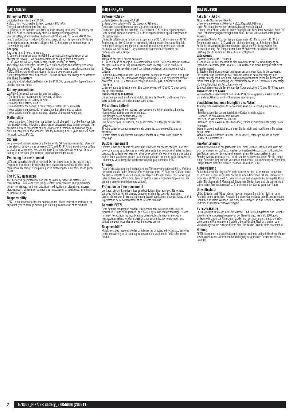 En, fr, de | Petzl ACCU PIXA 3R User Manual | Page 2 / 8