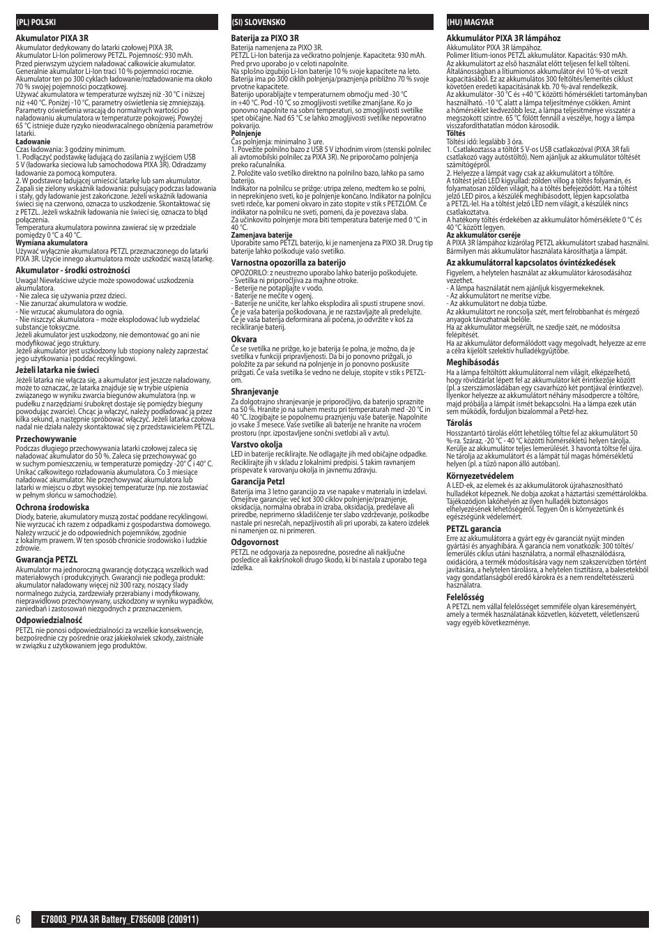 Pl, si, hu | Petzl ACCU PIXA 3R User Manual | Page 6 / 8