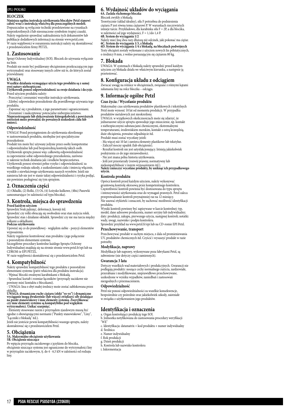 Zastosowanie, Oznaczenia części, Kontrola, miejsca do sprawdzenia | Kompatybilność, Obciążenia, Wydajność układów do wyciągania, Blokada, Konfiguracja układu z odciągiem, Informacje ogólne petzl, Identyfikacja i oznaczenia | Petzl RESCUE User Manual | Page 17 / 23