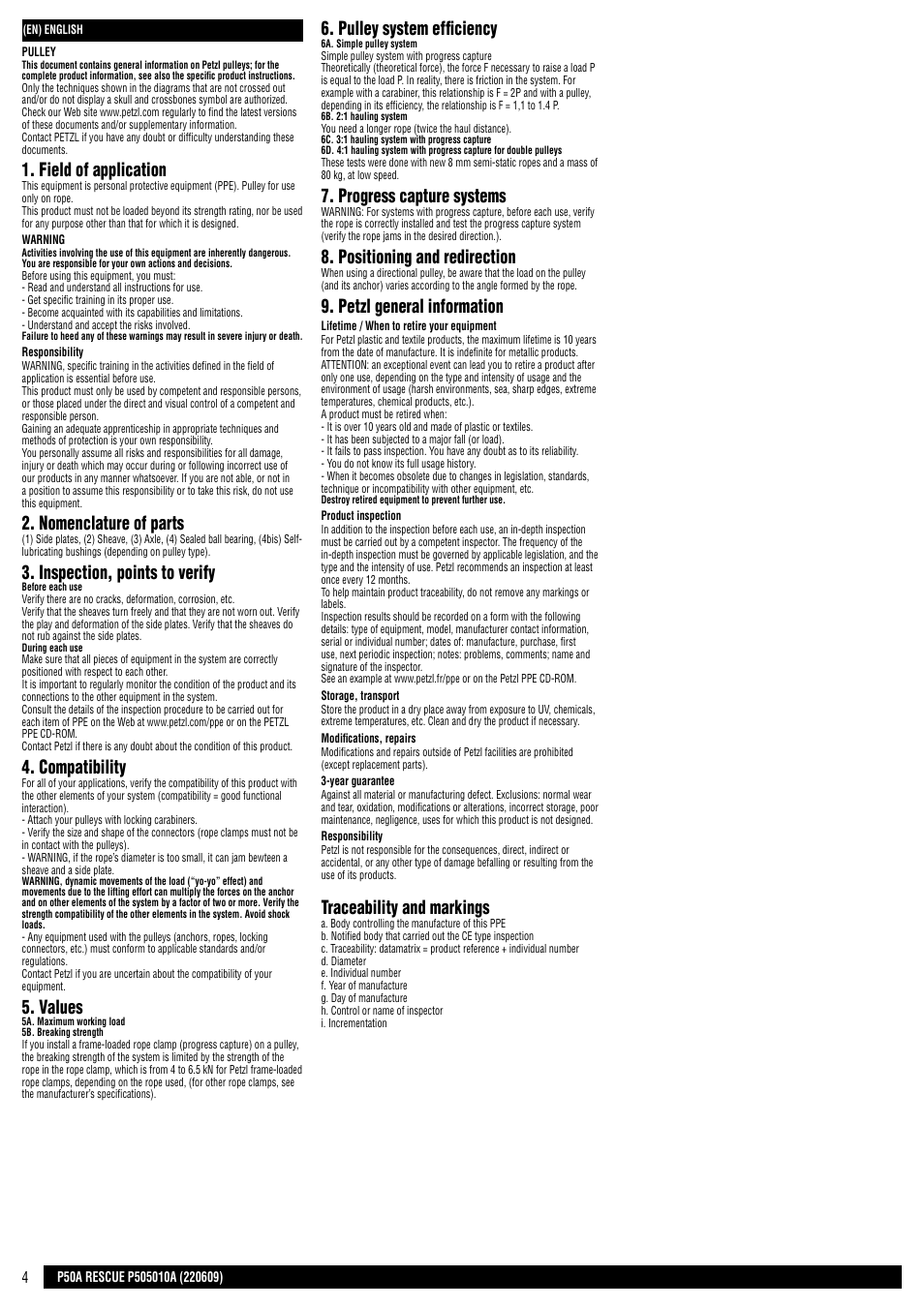 Field of application, Nomenclature of parts, Inspection, points to verify | Compatibility, Values, Pulley system efficiency, Progress capture systems, Positioning and redirection, Petzl general information, Traceability and markings | Petzl RESCUE User Manual | Page 4 / 23