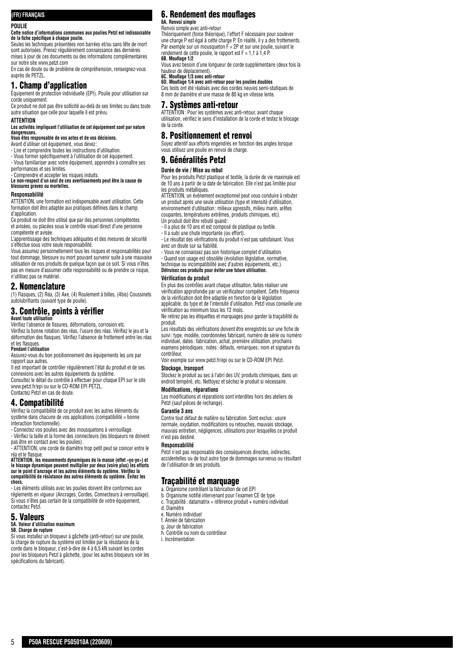Champ d’application, Nomenclature, Contrôle, points à vérifier | Compatibilité, Valeurs, Rendement des mouflages, Systèmes anti-retour, Positionnement et renvoi, Généralités petzl, Traçabilité et marquage | Petzl RESCUE User Manual | Page 5 / 23
