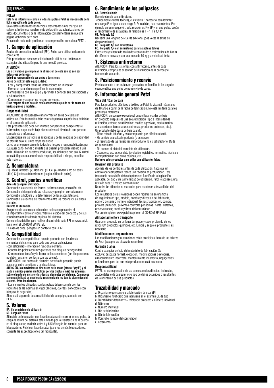 Campo de aplicación, Nomenclatura, Control, puntos a verificar | Compatibilidad, Valores, Rendimiento de los polipastos, Sistemas antirretorno, Posicionamiento y reenvío, Información general petzl, Trazabilidad y marcado | Petzl RESCUE User Manual | Page 8 / 23