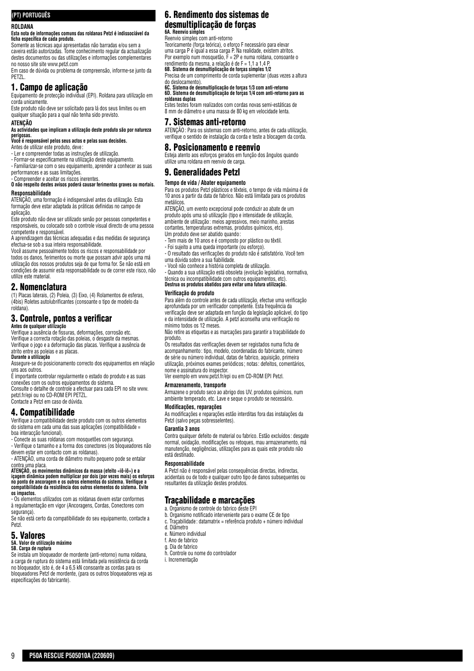 Campo de aplicação, Nomenclatura, Controle, pontos a verificar | Compatibilidade, Valores, Sistemas anti-retorno, Posicionamento e reenvio, Generalidades petzl, Traçabilidade e marcações | Petzl RESCUE User Manual | Page 9 / 23