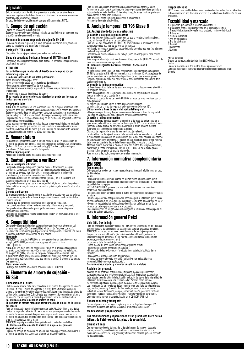 Campo de aplicación, Nomenclatura, Control, puntos a verificar | Compatibilidad, Elemento de amarre de sujeción - en 358, Anclaje temporal en 795 clase b, Información normativa complementaria (en 365), Información general petzl, Trazabilidad y marcado | Petzl GRILLON MGO User Manual | Page 10 / 24