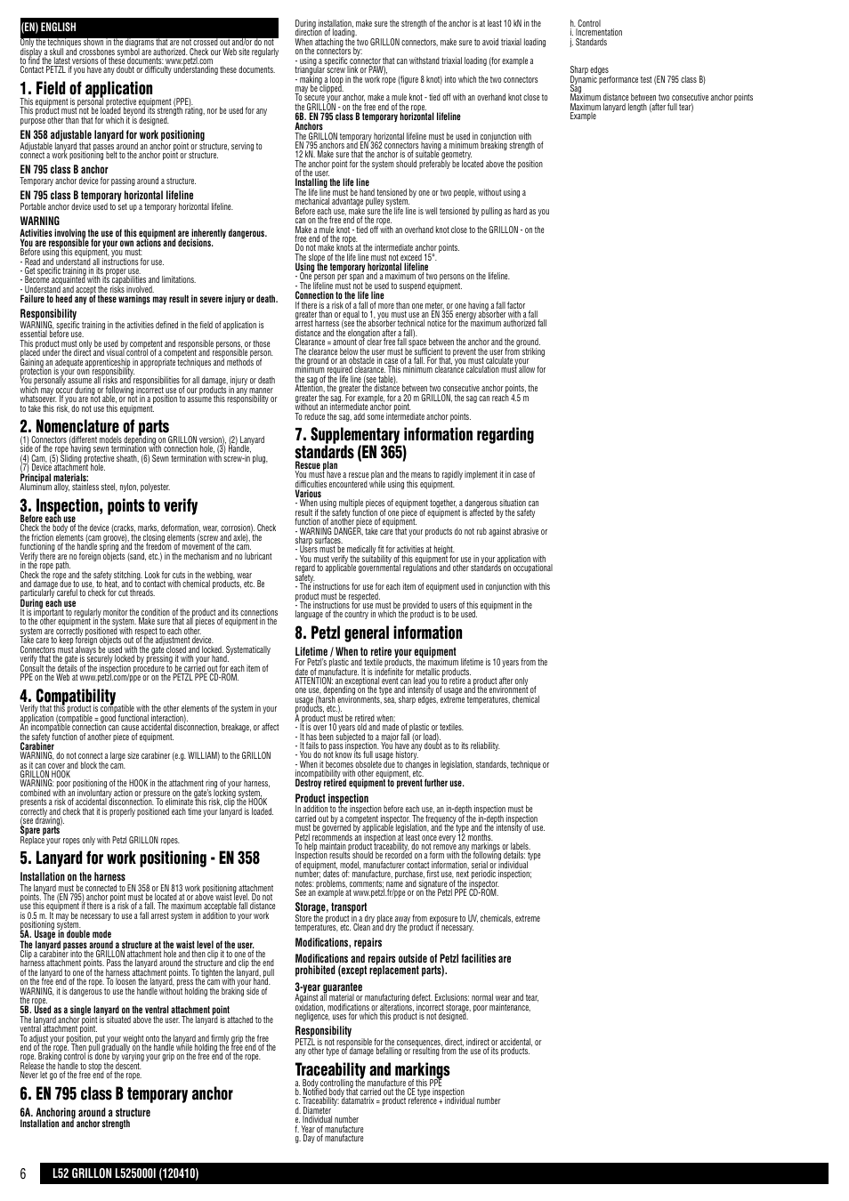 Field of application, Nomenclature of parts, Inspection, points to verify | Compatibility, Lanyard for work positioning - en 358, En 795 class b temporary anchor, Petzl general information, Traceability and markings | Petzl GRILLON MGO User Manual | Page 6 / 24
