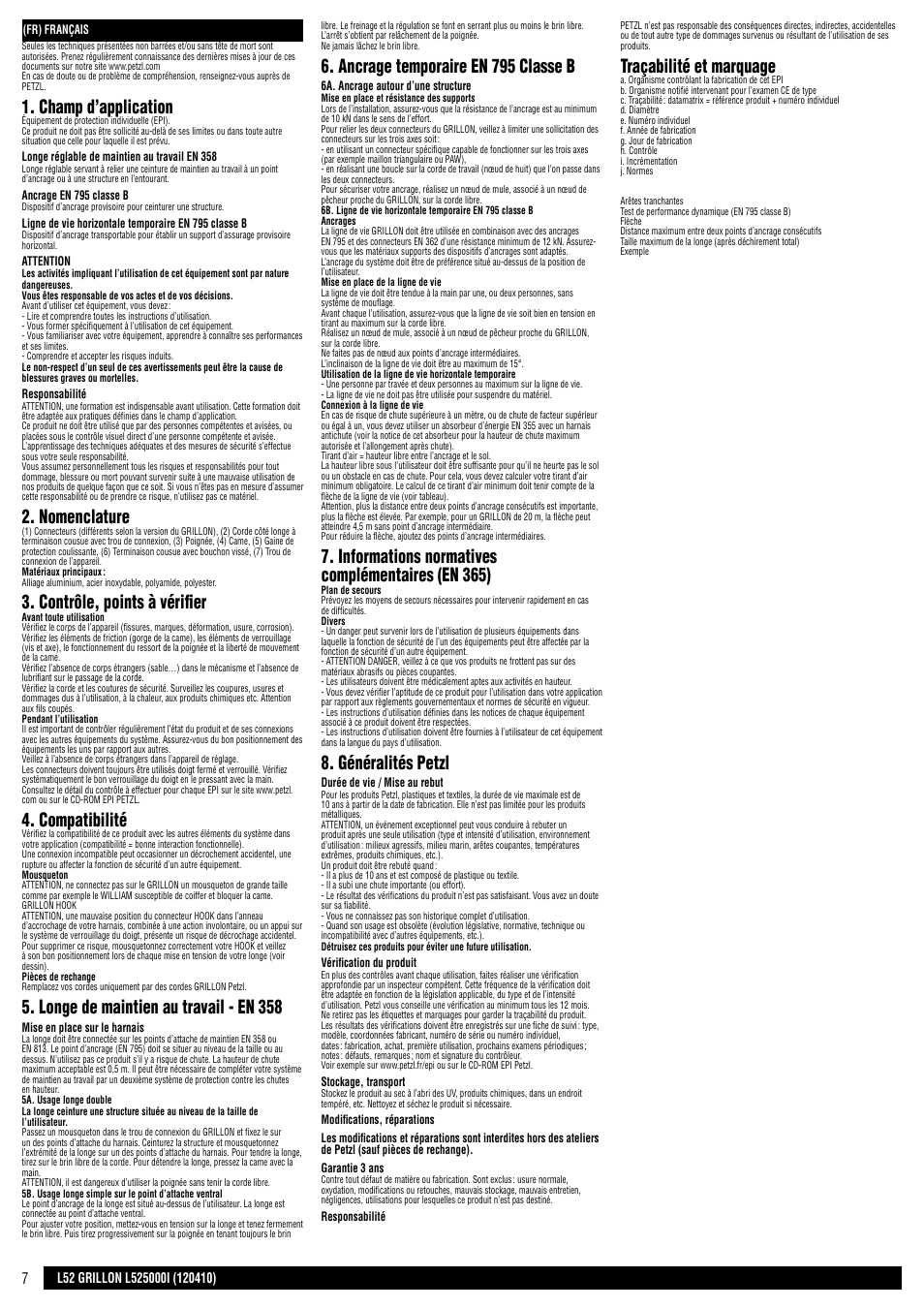 Champ d’application, Nomenclature, Contrôle, points à vérifier | Compatibilité, Longe de maintien au travail - en 358, Ancrage temporaire en 795 classe b, Informations normatives complémentaires (en 365), Généralités petzl, Traçabilité et marquage | Petzl GRILLON MGO User Manual | Page 7 / 24