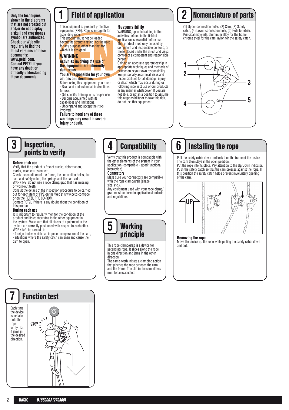 En + drawings, Compatibility installing the rope function test, Working principle | Petzl BASIC User Manual | Page 2 / 26