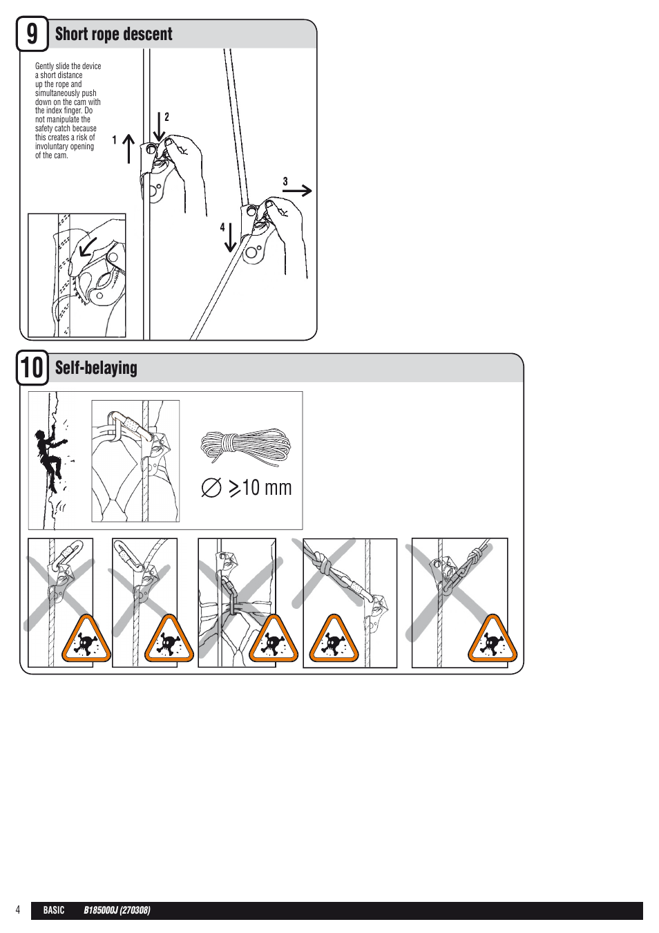 En + drawings, 10 mm, Short rope descent | Self-belaying | Petzl BASIC User Manual | Page 4 / 26