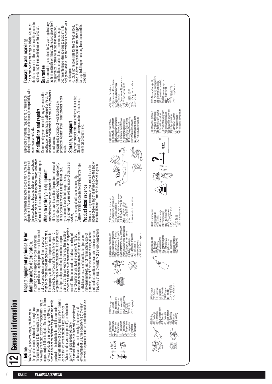En + drawings, General information, Lifetime | When to retire your equipment, Product obsolescence, Modifications and repairs, Storage, transport, Traceability and markings, Guarantee | Petzl BASIC User Manual | Page 6 / 26