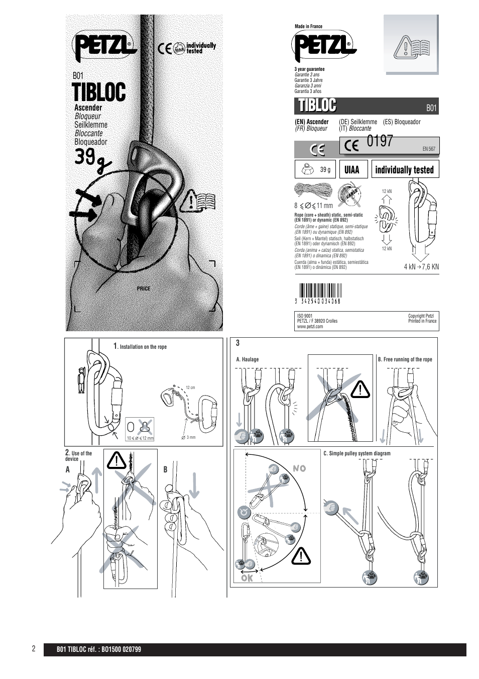 Drawings, Tibloc, Individually tested uiaa | Petzl TIBLOC User Manual | Page 2 / 10