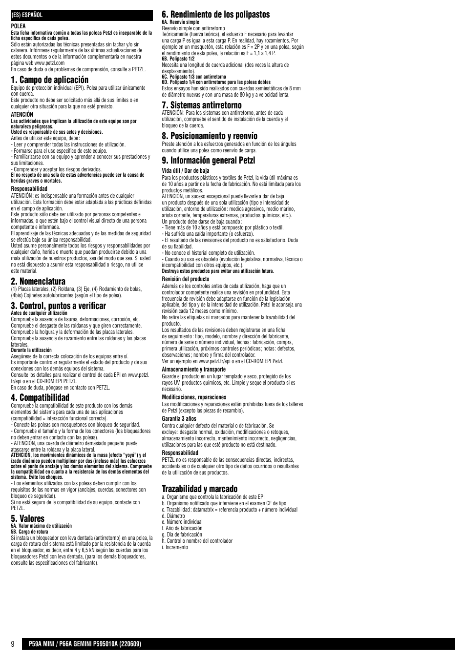 Campo de aplicación, Nomenclatura, Control, puntos a verificar | Compatibilidad, Valores, Rendimiento de los polipastos, Sistemas antirretorno, Posicionamiento y reenvío, Información general petzl, Trazabilidad y marcado | Petzl MINI User Manual | Page 9 / 24