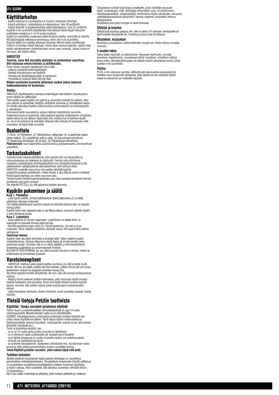 Käyttötarkoitus, Osaluettelo, Tarkastuskohteet | Kypärän pukeminen ja säätö, Varotoimenpiteet, Yleisiä tietoja petzlin tuotteista | Petzl METEOR III User Manual | Page 11 / 22
