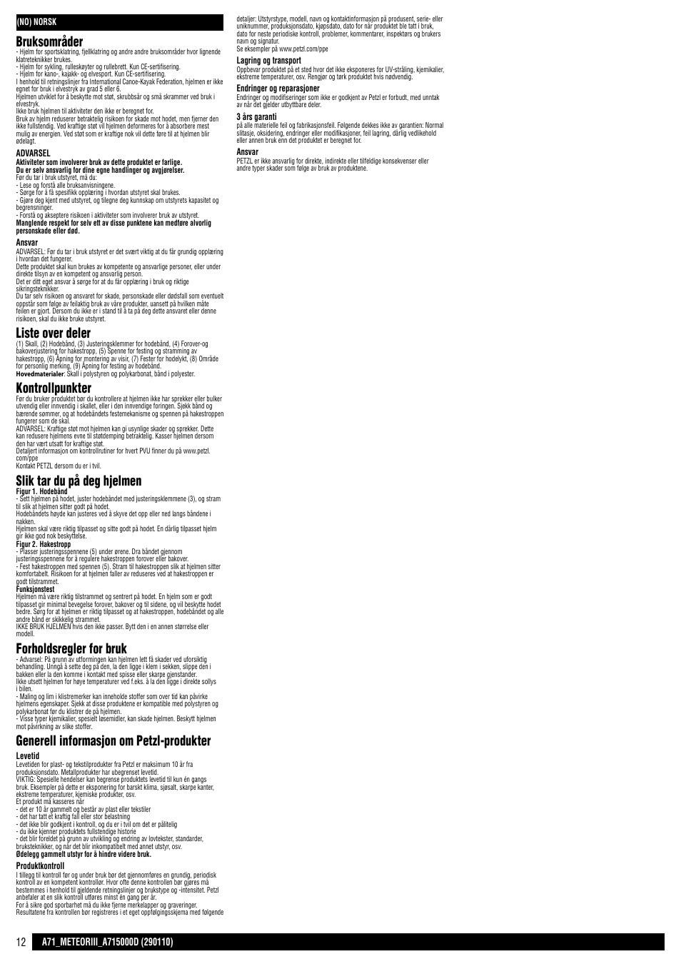 Bruksområder, Liste over deler, Kontrollpunkter | Slik tar du på deg hjelmen, Forholdsregler for bruk, Generell informasjon om petzl-produkter | Petzl METEOR III User Manual | Page 12 / 22