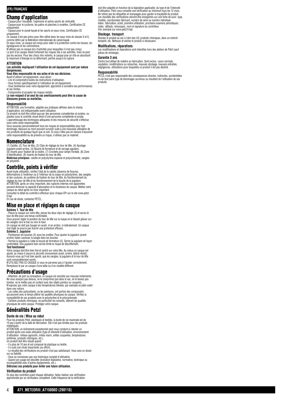 Champ d’application, Nomenclature, Contrôle, points à vérifier | Mise en place et réglages du casque, Précautions d’usage, Généralités petzl | Petzl METEOR III User Manual | Page 4 / 22