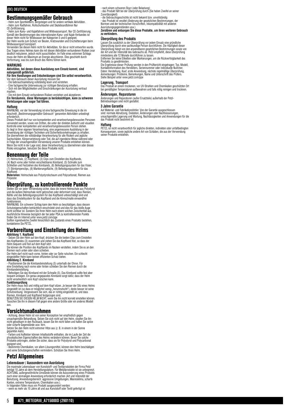 Bestimmungsgemäßer gebrauch, Benennung der teile, Überprüfung, zu kontrollierende punkte | Vorbereitung und einstellung des helms, Vorsichtsmaßnahmen, Petzl allgemeines | Petzl METEOR III User Manual | Page 5 / 22