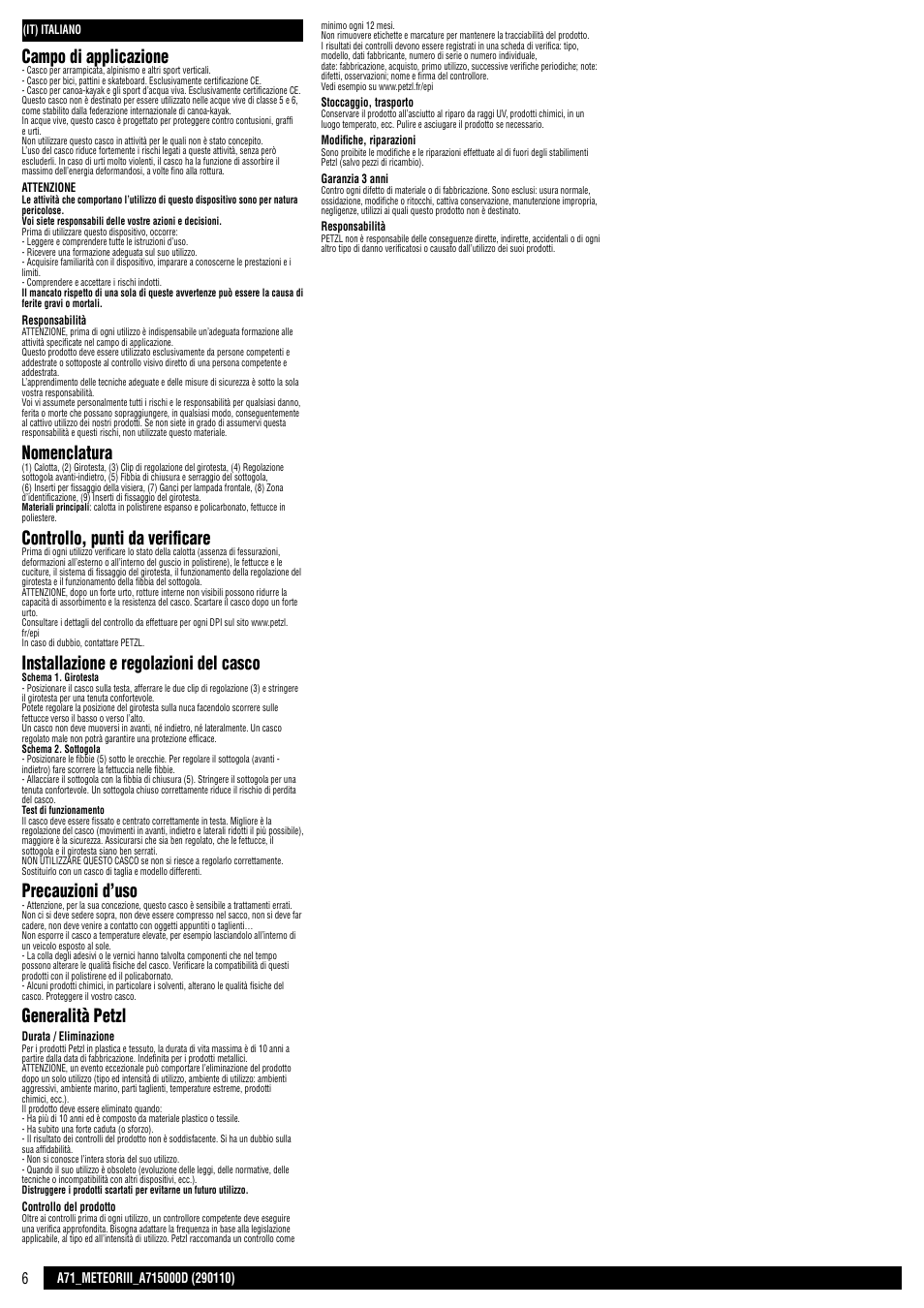 Campo di applicazione, Nomenclatura, Controllo, punti da verificare | Installazione e regolazioni del casco, Precauzioni d’uso, Generalità petzl | Petzl METEOR III User Manual | Page 6 / 22