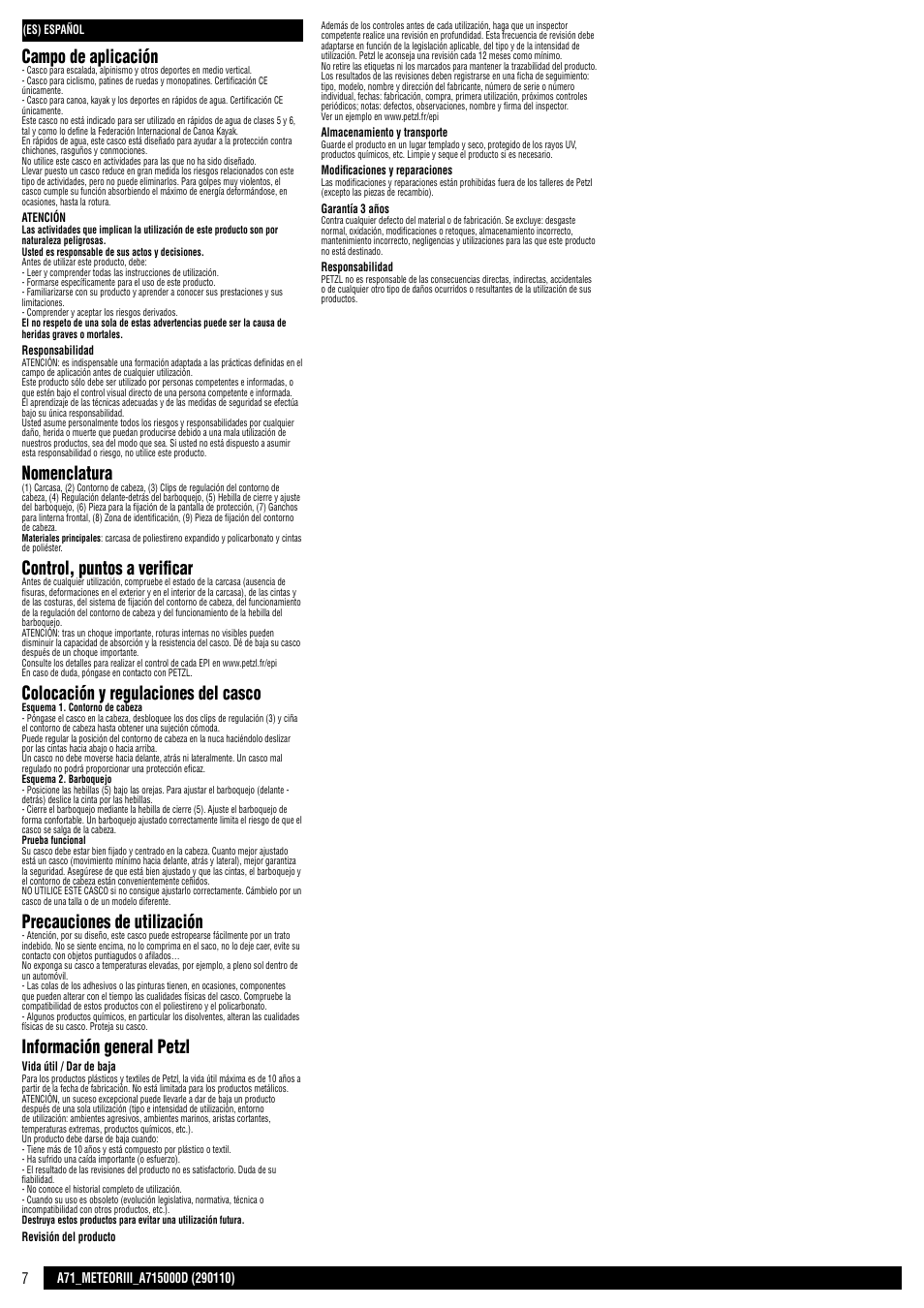 Campo de aplicación, Nomenclatura, Control, puntos a verificar | Colocación y regulaciones del casco, Precauciones de utilización, Información general petzl | Petzl METEOR III User Manual | Page 7 / 22