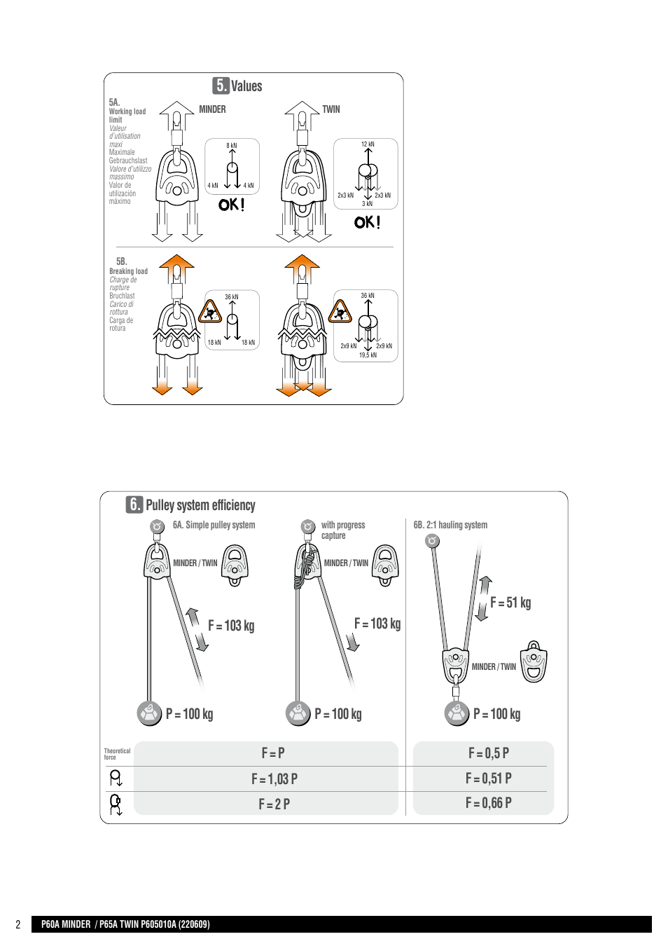 Drawings, Values, F = 103 kg | Pulley system efficiency, P = 100 kg | Petzl TWIN User Manual | Page 2 / 24