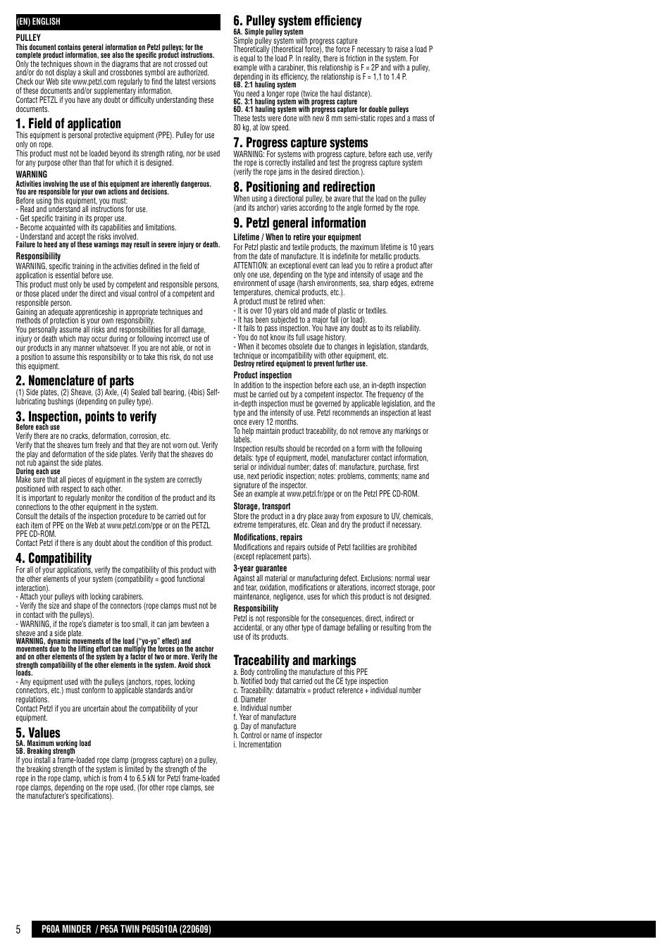Field of application, Nomenclature of parts, Inspection, points to verify | Compatibility, Values, Pulley system efficiency, Progress capture systems, Positioning and redirection, Petzl general information, Traceability and markings | Petzl TWIN User Manual | Page 5 / 24