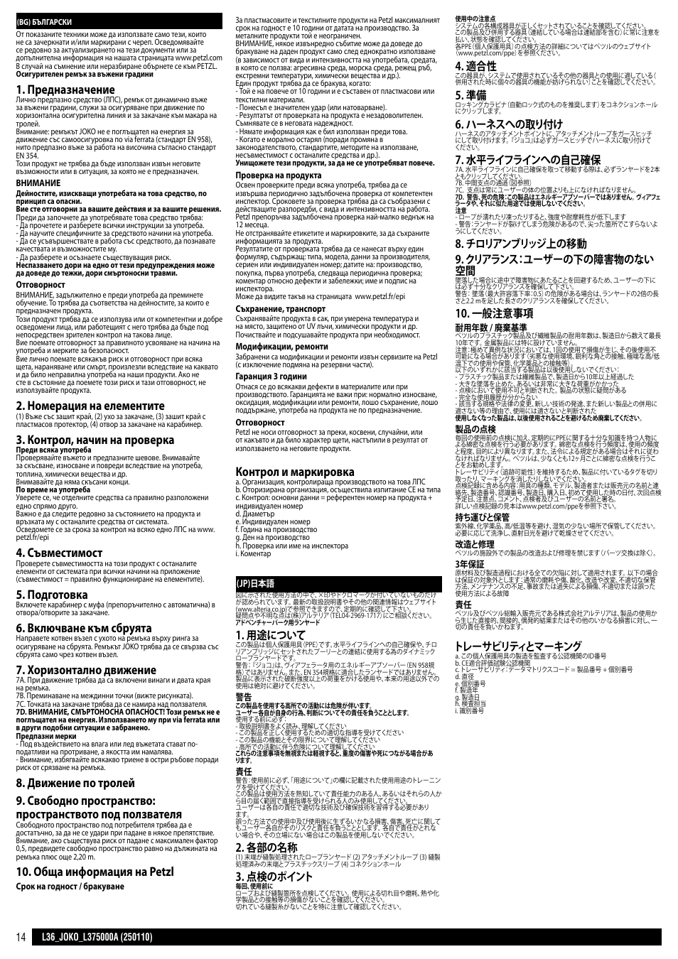 Bg / jp, Предназначение, Номерация на елементите | Контрол, начин на проверка, Съвместимост, Подготовка, Включване към сбруята, Хоризонтално движение, Обща информация на petzl, Контрол и маркировка | Petzl JOKO-Y User Manual | Page 14 / 16
