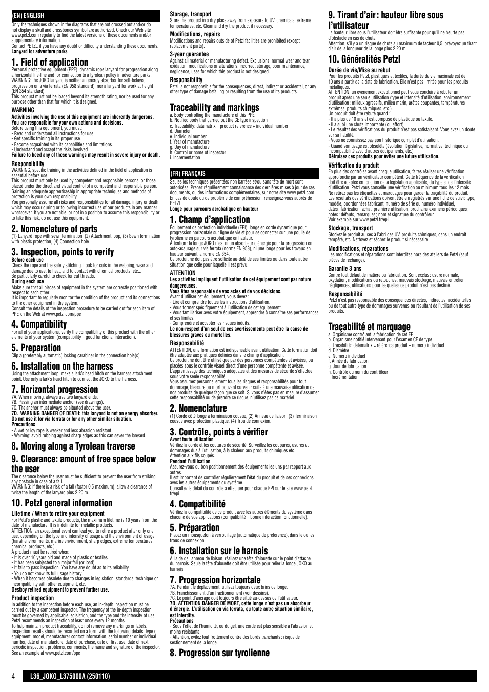 En / fr, Field of application, Nomenclature of parts | Inspection, points to verify, Compatibility, Preparation, Installation on the harness, Horizontal progression, Petzl general information, Traceability and markings | Petzl JOKO-Y User Manual | Page 4 / 16