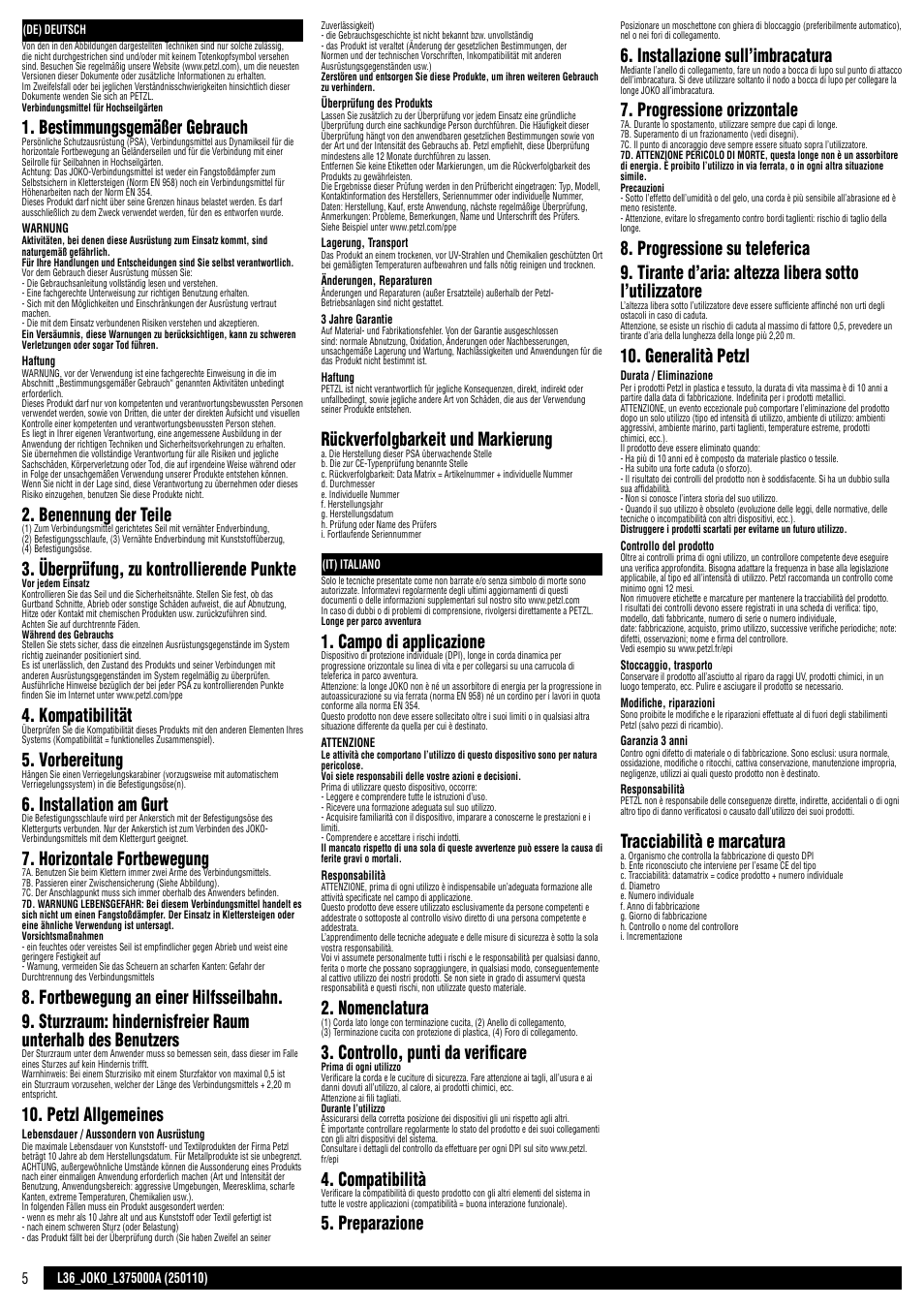 De / it, Bestimmungsgemäßer gebrauch, Benennung der teile | Überprüfung, zu kontrollierende punkte, Kompatibilität, Vorbereitung, Installation am gurt, Horizontale fortbewegung, Petzl allgemeines, Rückverfolgbarkeit und markierung | Petzl JOKO-Y User Manual | Page 5 / 16