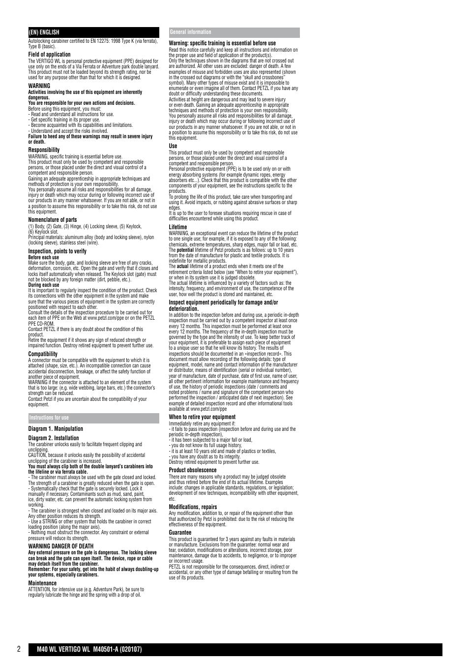 Petzl VERTIGO User Manual | Page 2 / 20