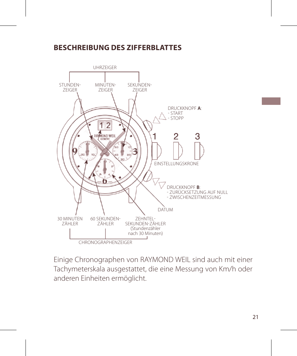 Beschreibung des zifferblattes | Raymond Weil Хронографы кварцевые User Manual | Page 21 / 132