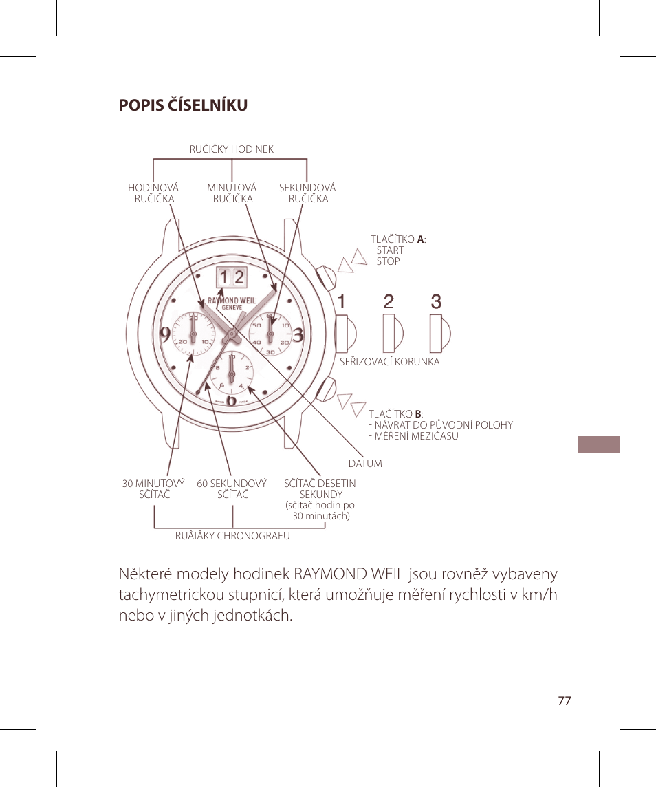 Popis číselníku | Raymond Weil Хронографы кварцевые User Manual | Page 77 / 132