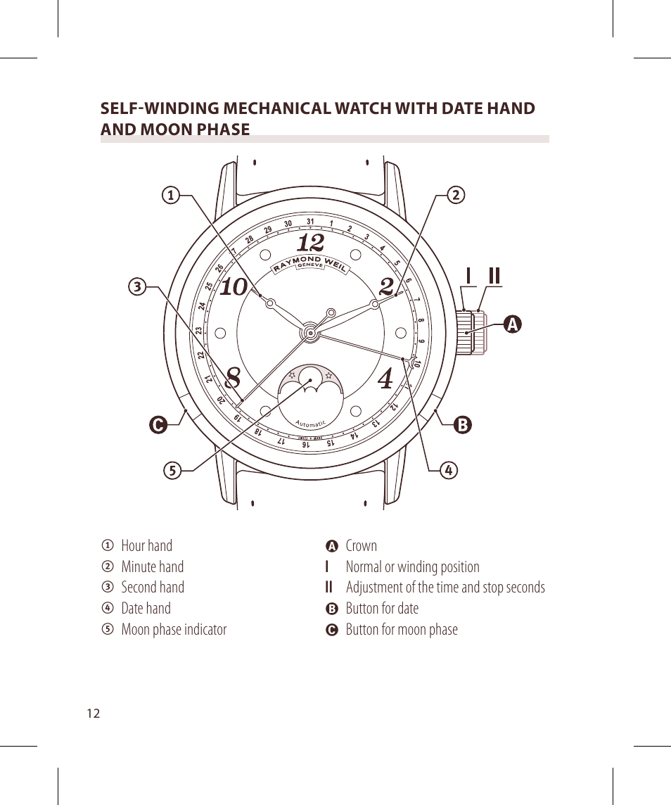 Raymond Weil Механические с автоподзаводом, с указателем даты или указателем даты и фазы луны User Manual | Page 13 / 101