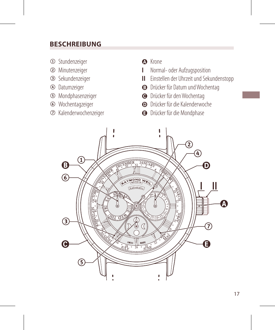 Raymond Weil Mеханические с автоподзаводом, индикацией лунных фаз, месяца, номера недели, дня недели и даты User Manual | Page 17 / 100