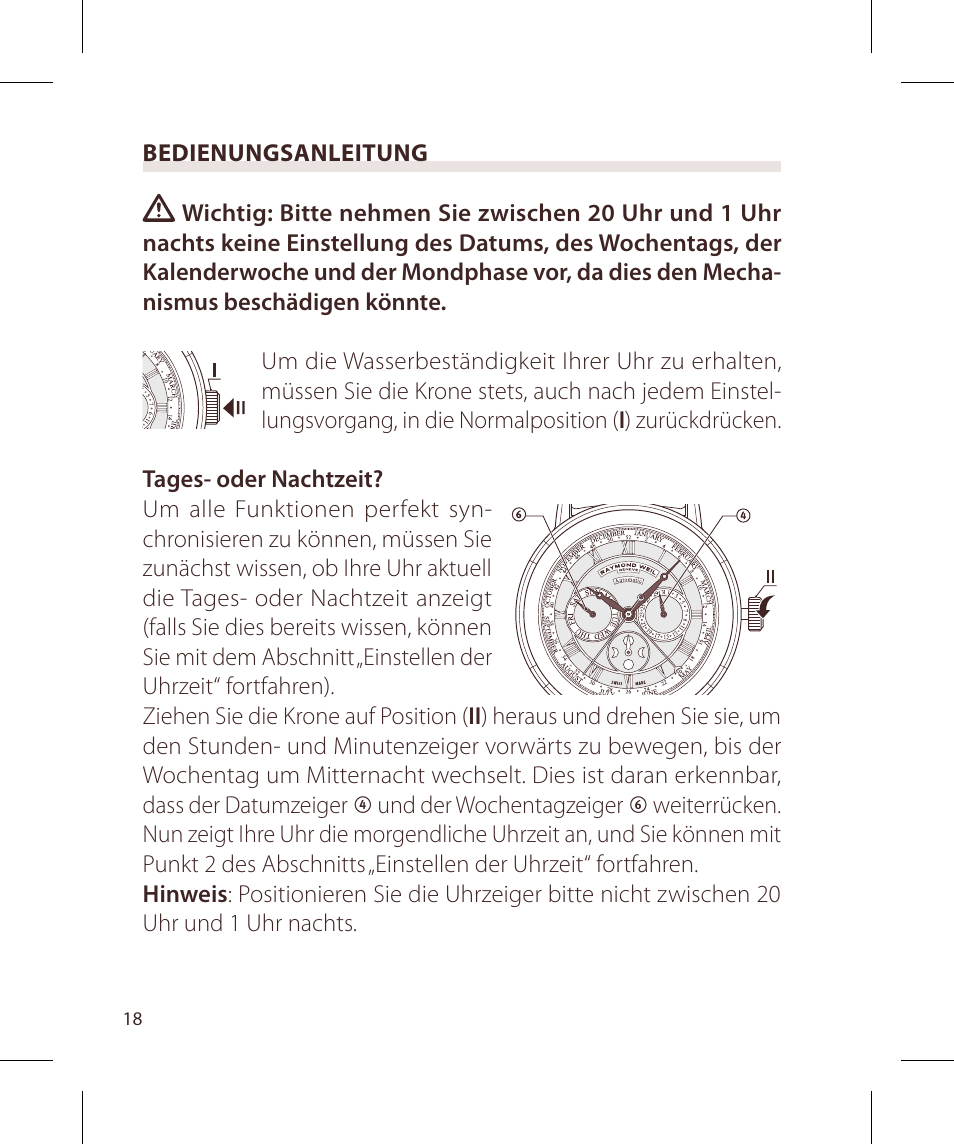 Raymond Weil Mеханические с автоподзаводом, индикацией лунных фаз, месяца, номера недели, дня недели и даты User Manual | Page 18 / 100