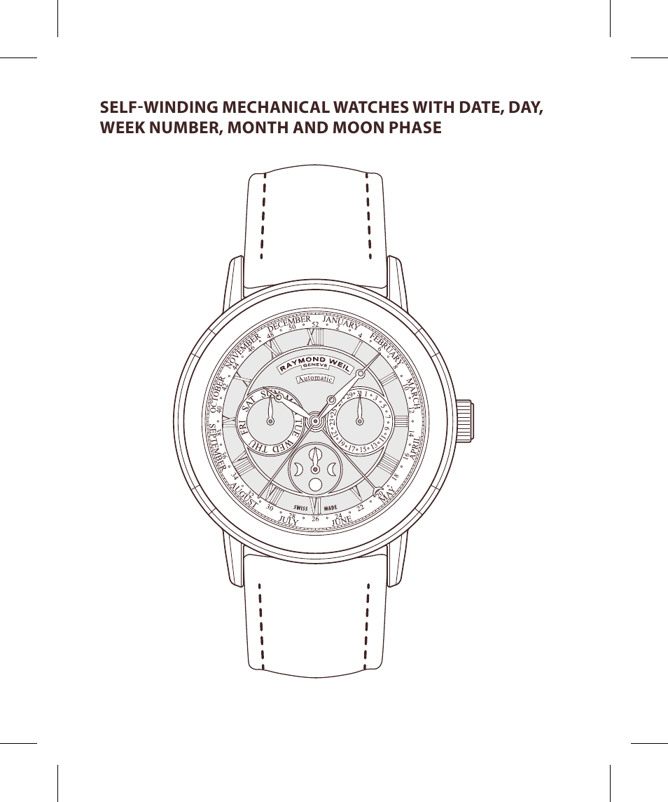 Raymond Weil Mеханические с автоподзаводом, индикацией лунных фаз, месяца, номера недели, дня недели и даты User Manual | Page 2 / 100