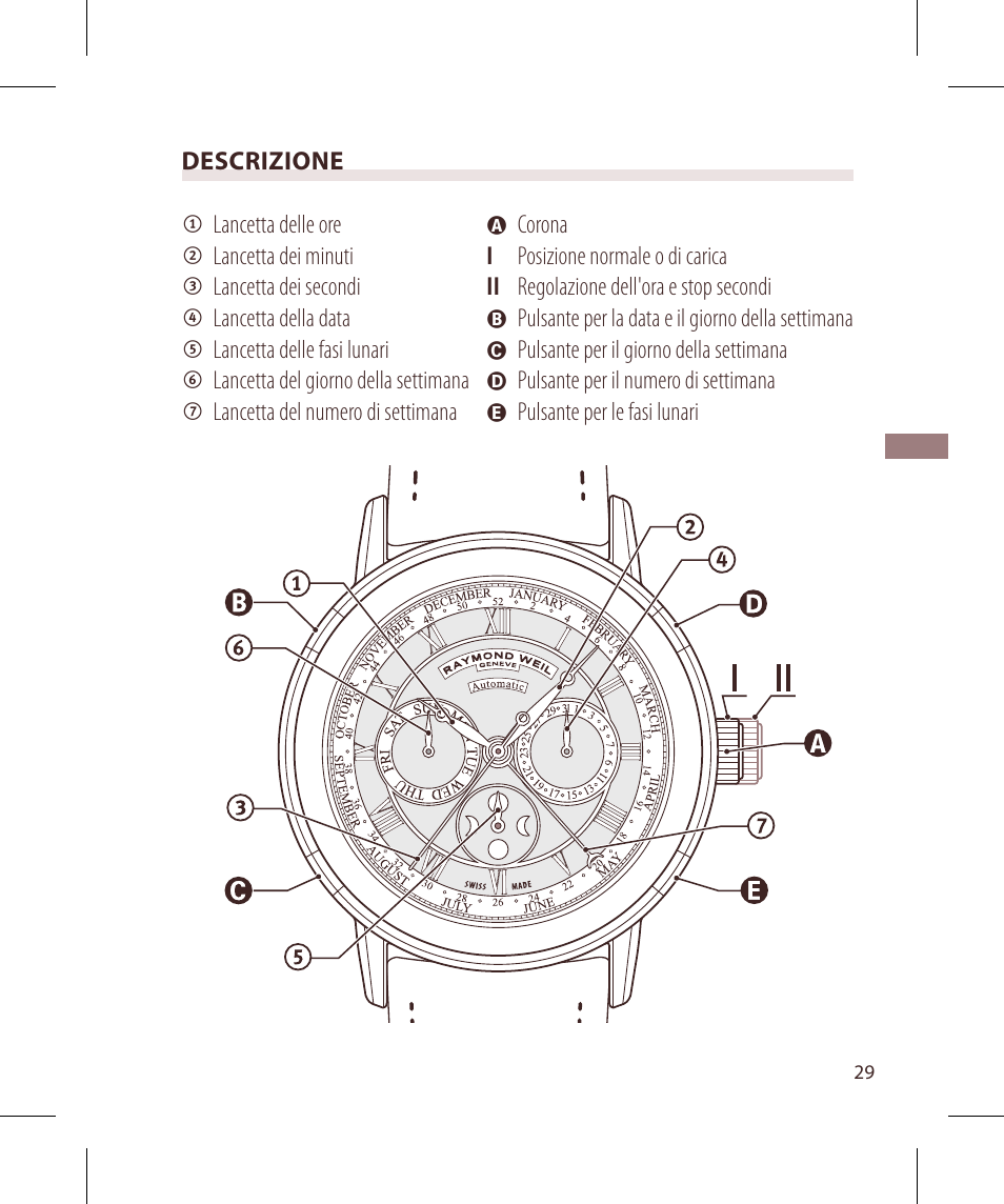 Raymond Weil Mеханические с автоподзаводом, индикацией лунных фаз, месяца, номера недели, дня недели и даты User Manual | Page 29 / 100