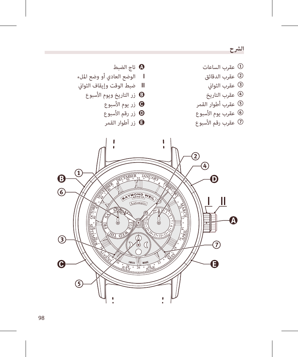 حشرلا | Raymond Weil Mеханические с автоподзаводом, индикацией лунных фаз, месяца, номера недели, дня недели и даты User Manual | Page 98 / 100